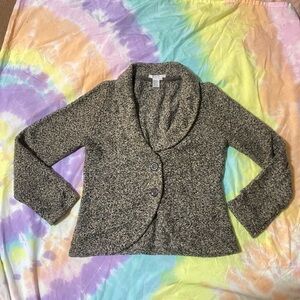 CAbi marled button sweater blazer in a tan/gray tweed